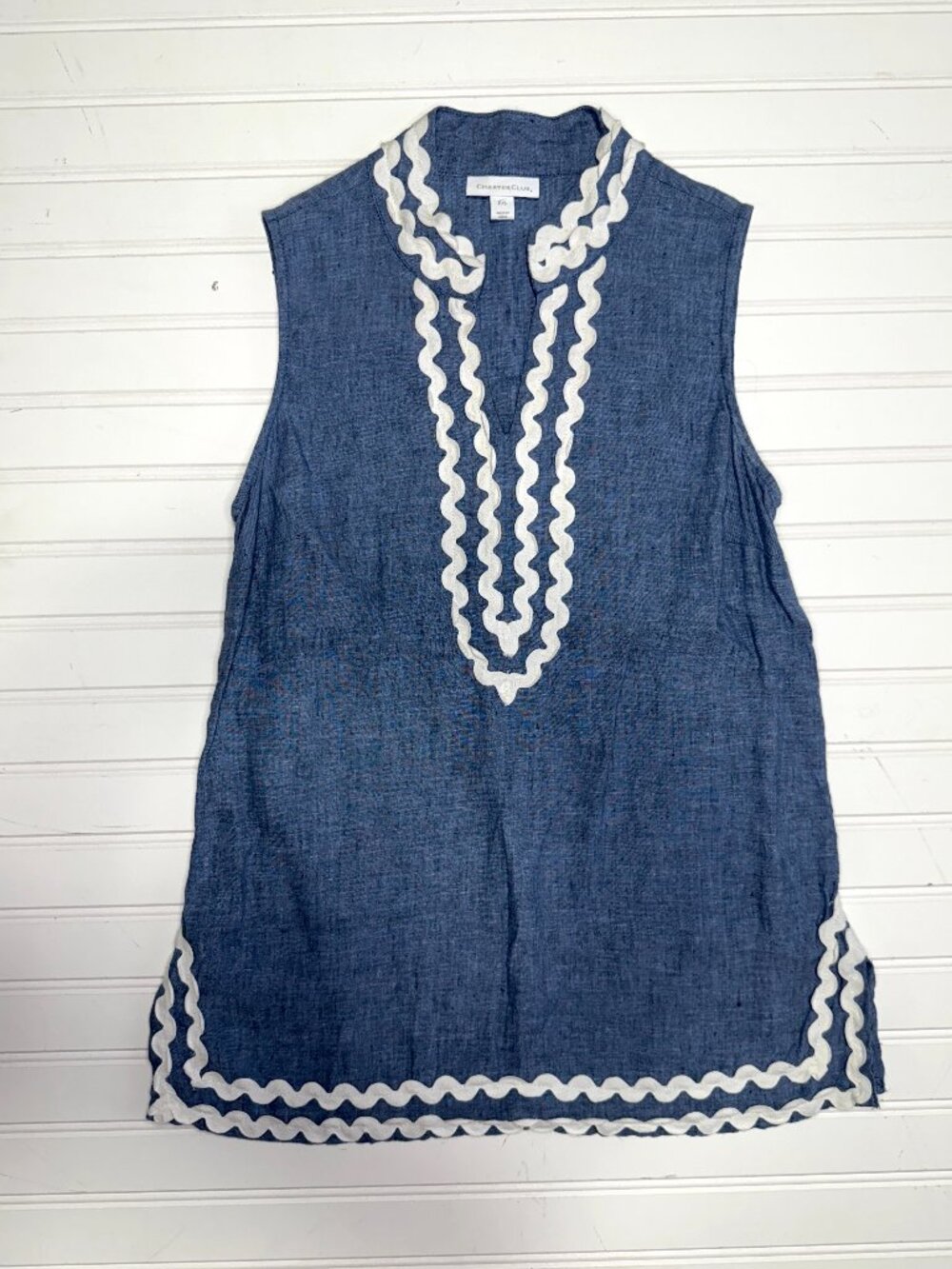 Charter Club Blue Linen Tunic Top White Trim Petite Small - Picture 2 of 7